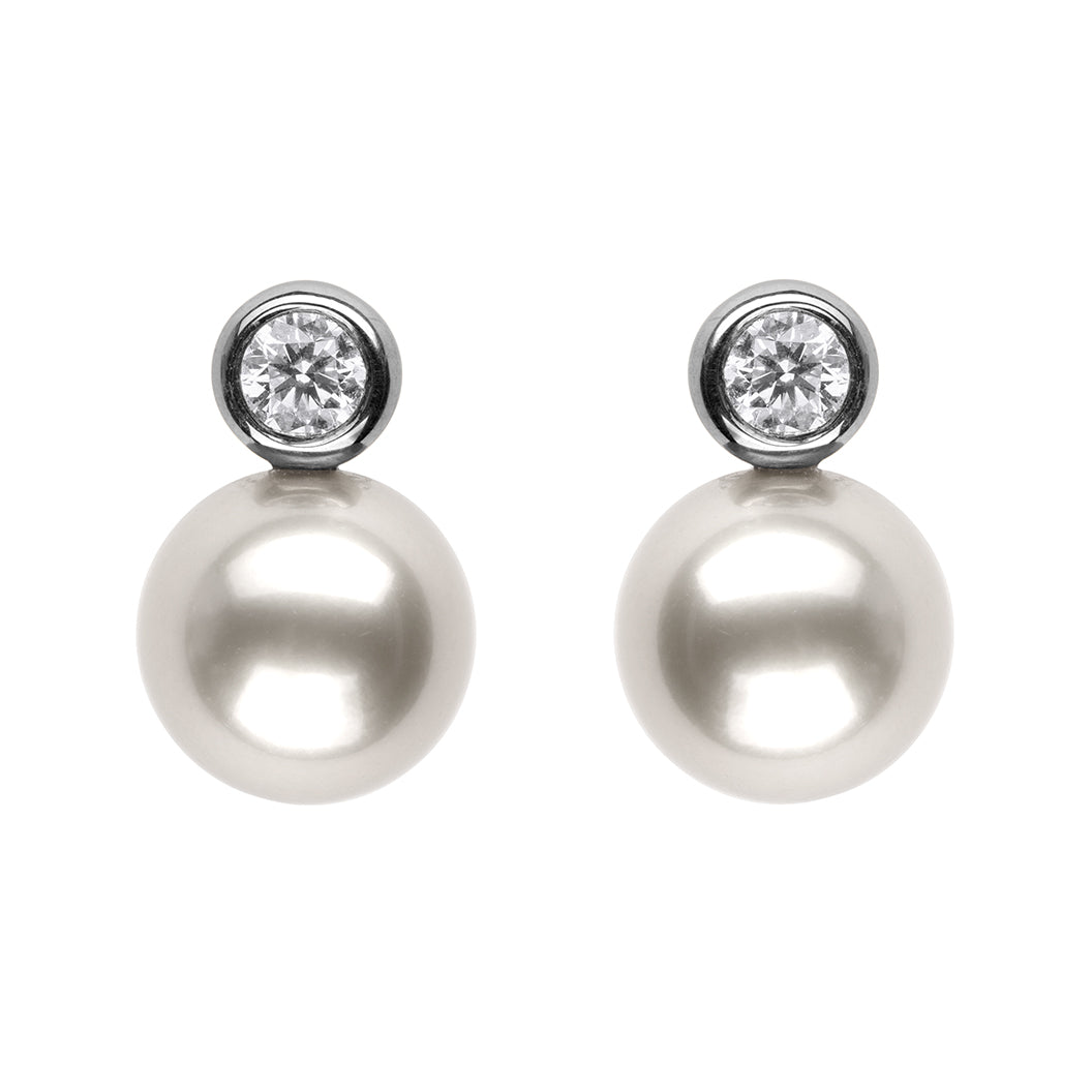 Bezel-Set White South Sea Pearl Earrings with Diamonds