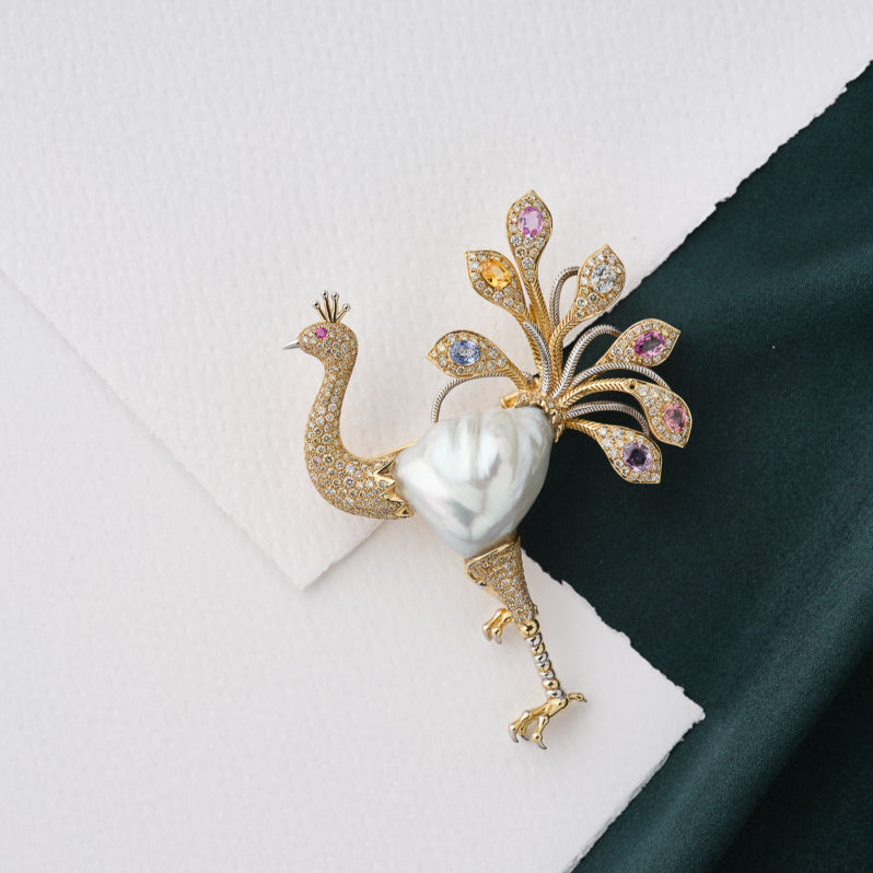 Ostrich Brooch with Baroque South Sea Pearl, Sapphires and Diamonds