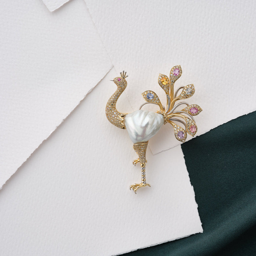 Ostrich Brooch with Baroque South Sea Pearl, Sapphires and Diamonds
