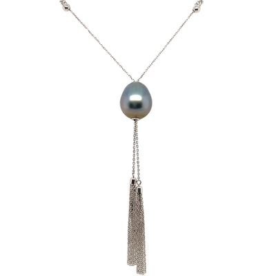 12x14mm Tahitian Teardrop Pearl on Adjustable 18K White Gold Chain (Adjusts from approximately 18-36 inches) with chain tassles.