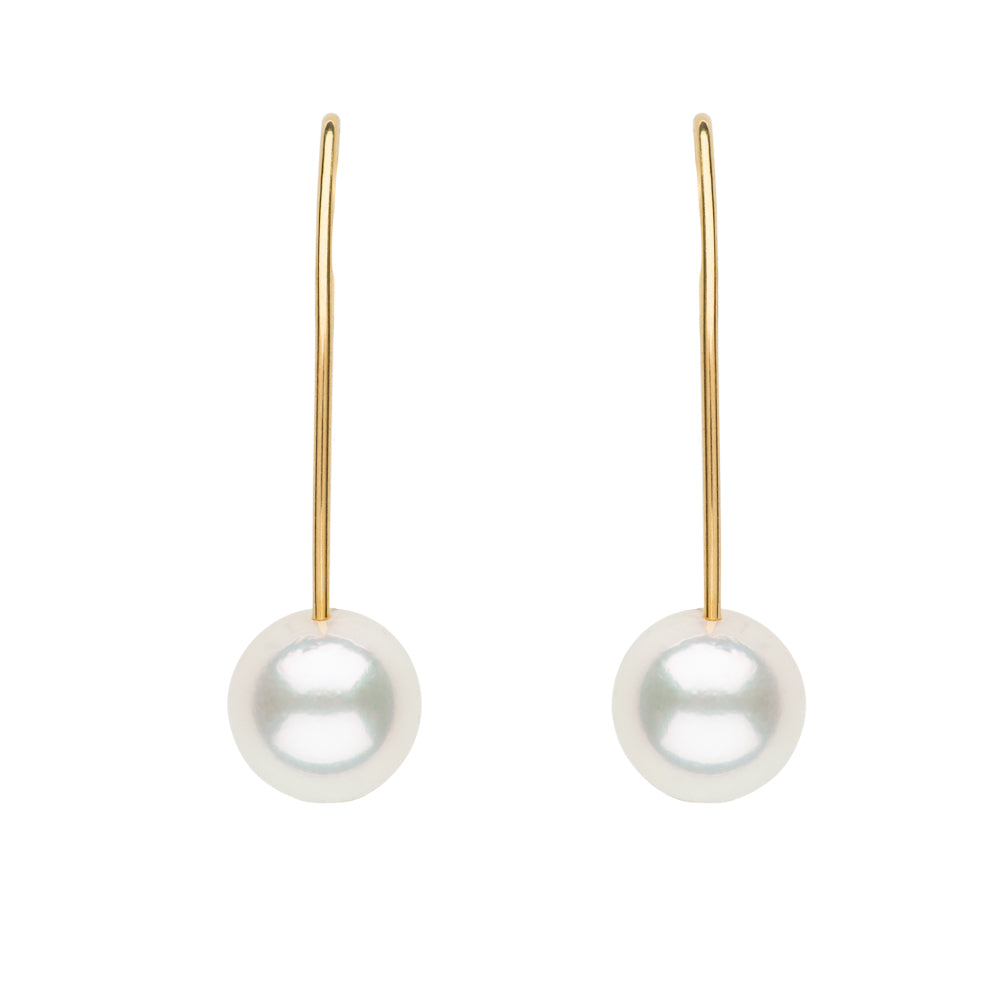 Akoya Pearl Drop Earrings with delicate 18K yellow gold wire Marquise hooks.