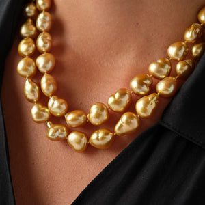 Baroque & Heart Shape golden South Sea pearls necklace. Long strand. Natural Pearls. 