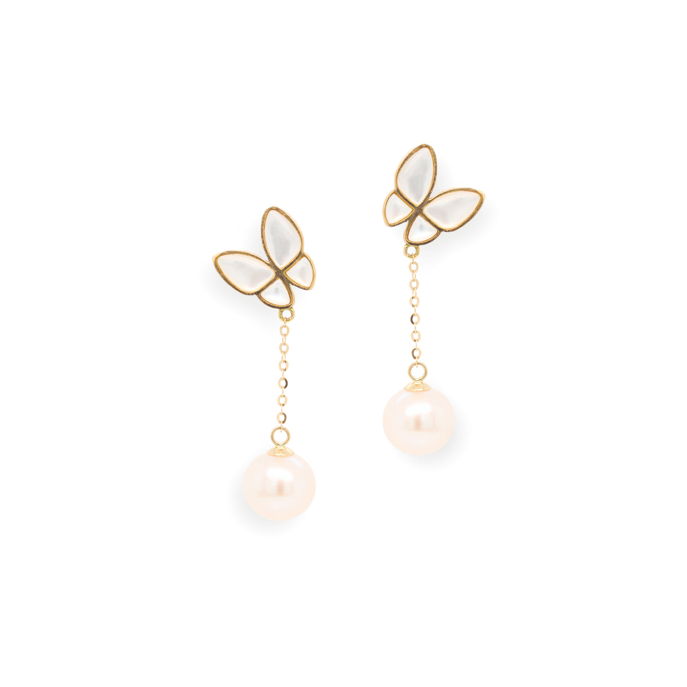 Butterfly Pearl Earrings in 18K Gold with Mother of Pearl butterfly element and freshwater pearls. 