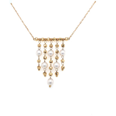 This gorgeous necklace features a stunning chandelier design in elegant Yellow or White gold, adorned with lustrous Akoya pearls.