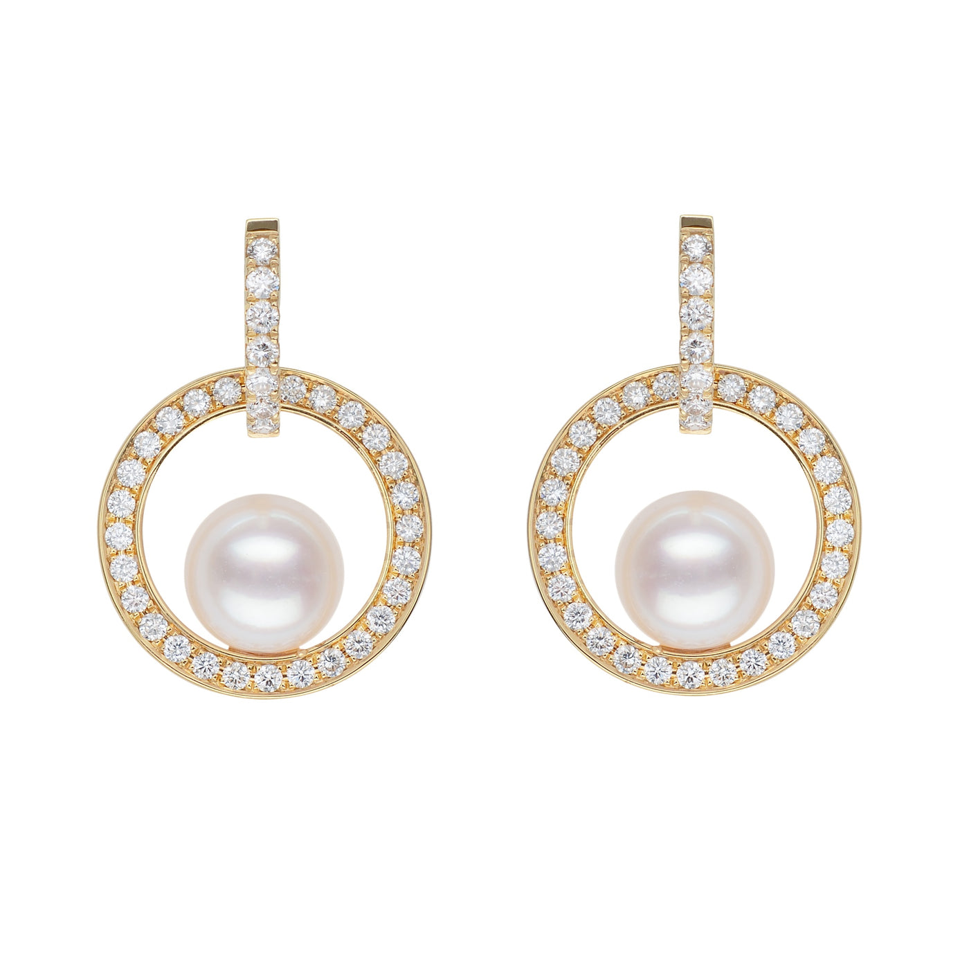 Diamond & Akoya Double Hoop Earrings. Adorned with dazzling diamonds and lustrous Akoya pearls. 18K yellow gold.
