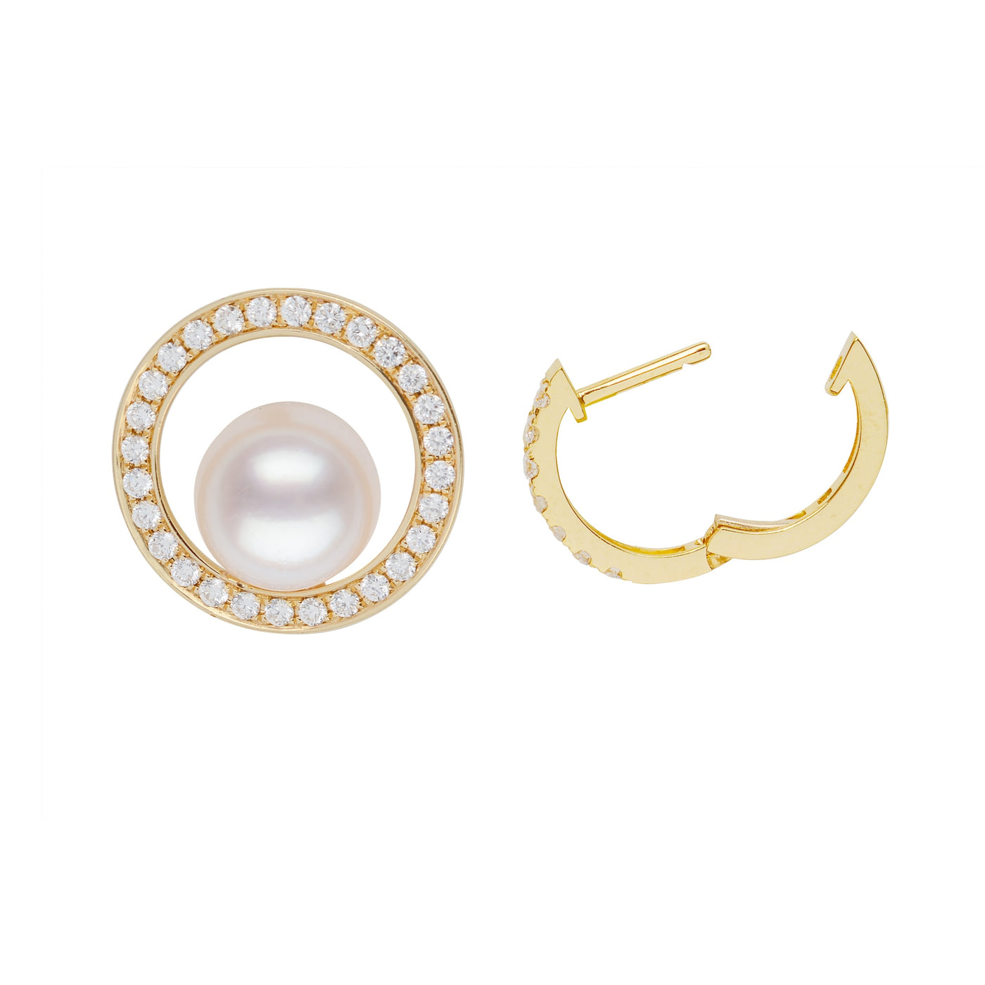 Diamond & Akoya Double Hoop Earrings. Adorned with dazzling diamonds and lustrous Akoya pearls. 18K yellow gold.