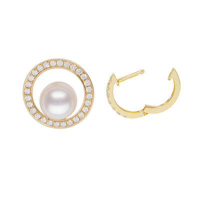 Diamond & Akoya Double Hoop Earrings. Adorned with dazzling diamonds and lustrous Akoya pearls. 18K yellow gold.