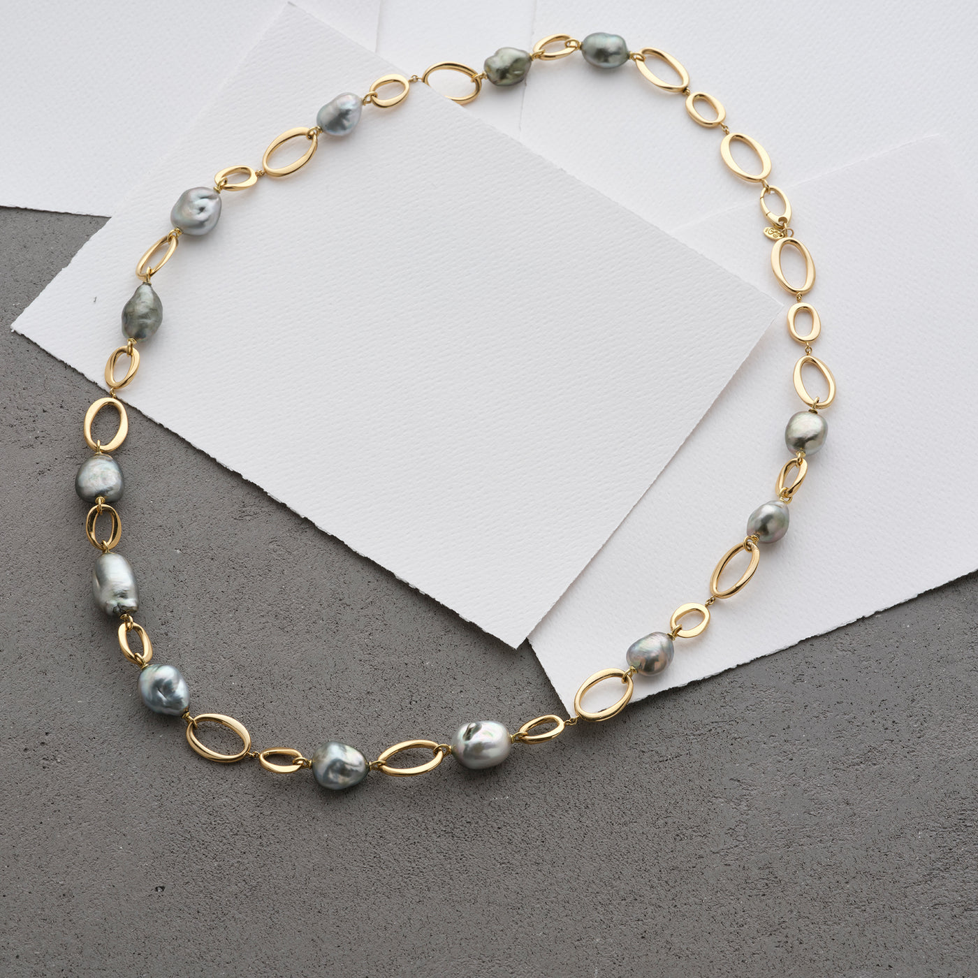 Firenze necklace with Italian Oval 18K Link Chains. Baroque Keshi Pearls, Tahitian. Golden Era. 