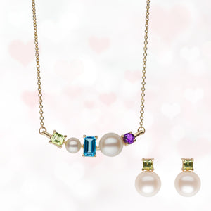 Valentines day gift set. Necklace & Earrings in 18K Gold with vibrant gemstones and pearls. 