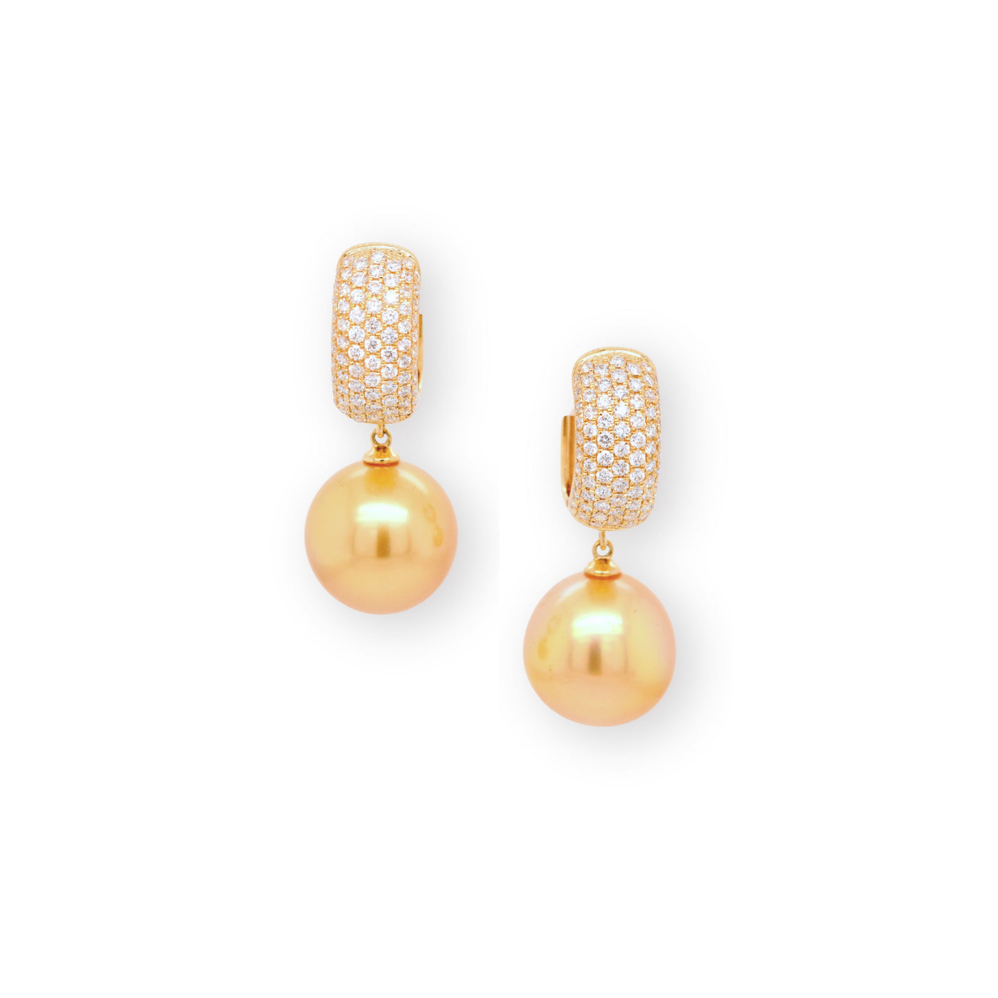Golden South Sea pearl & Diamond Hoop Earrings! Featuring a chunky hoop design encrusted completely in dazzling diamonds.