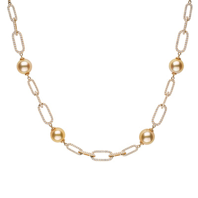 Stunning Paperclip Diamond Necklace with Golden South Sea Pearls! Embrace modern elegance with this trendy chain design.