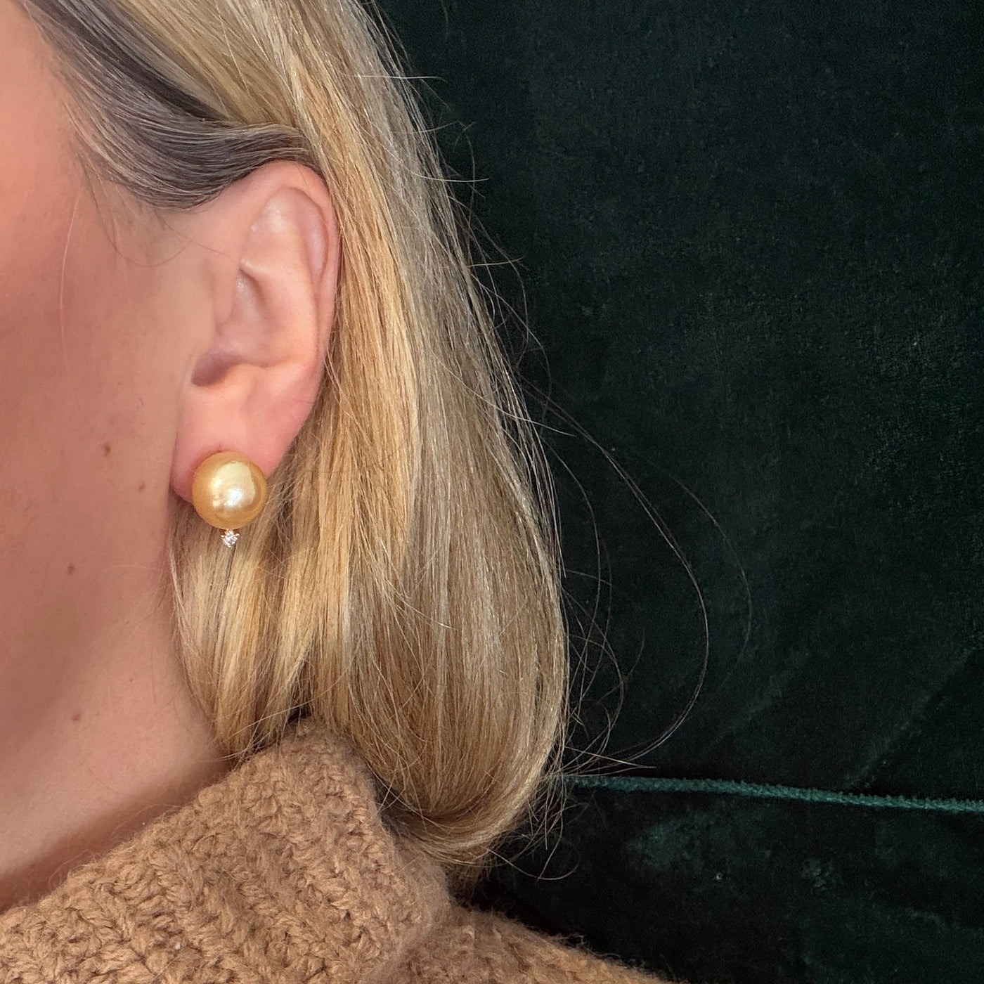 Large Golden Pearl Diamond Studs