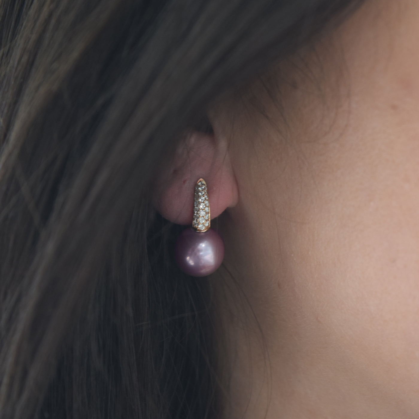 Kasumiga Pearl Cuff Earrings. The pink lavender hues of the pearls and diamonds will elevate any outfit.