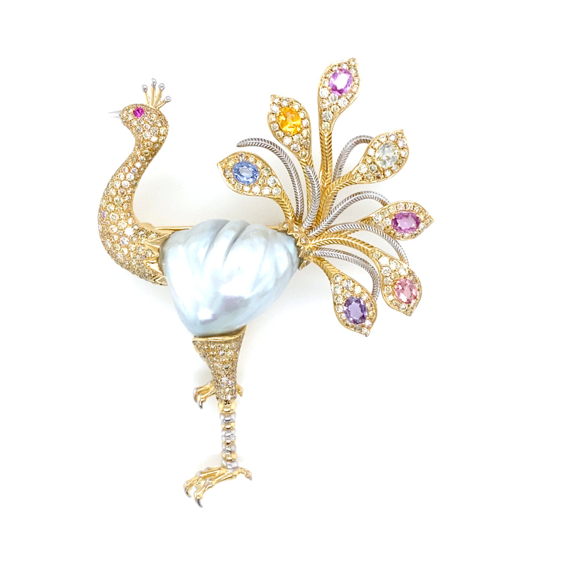 Ostrich Brooch with Baroque South Sea Pearl, Sapphires and Diamonds