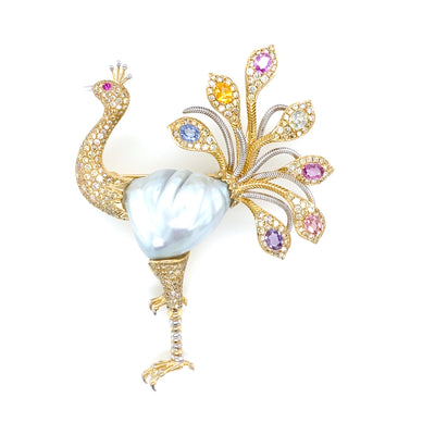 Ostrich Brooch with Baroque South Sea Pearl, Sapphires and Diamonds