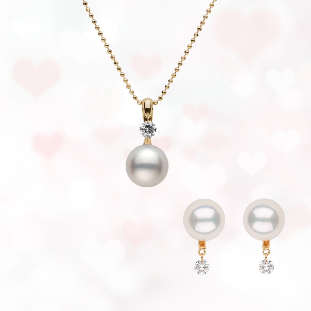 Valentines Day Set with Japanese Akoya Pearls & Diamonds in 18K Gold better than Mikimoto pricing. 