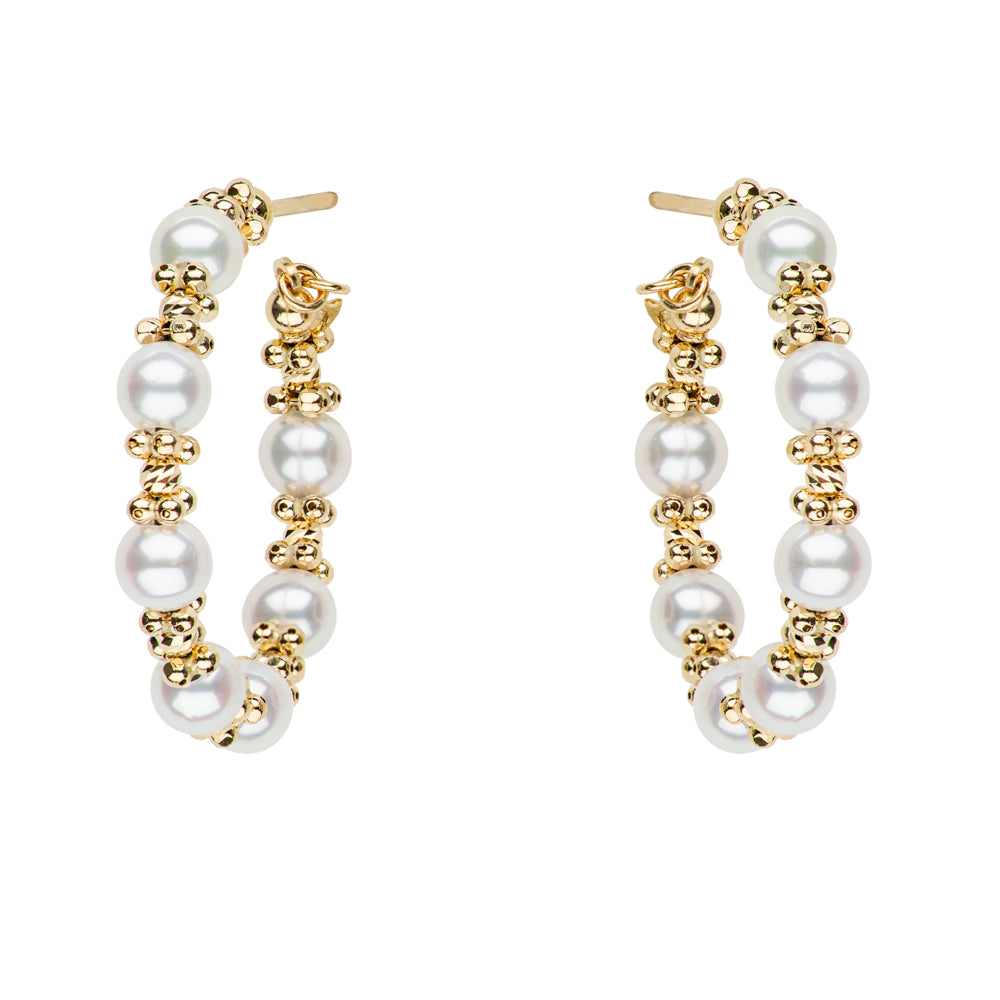 Petite Hoops with Akoya Pearls with smooth & faceted 18KY gold embellishments.
