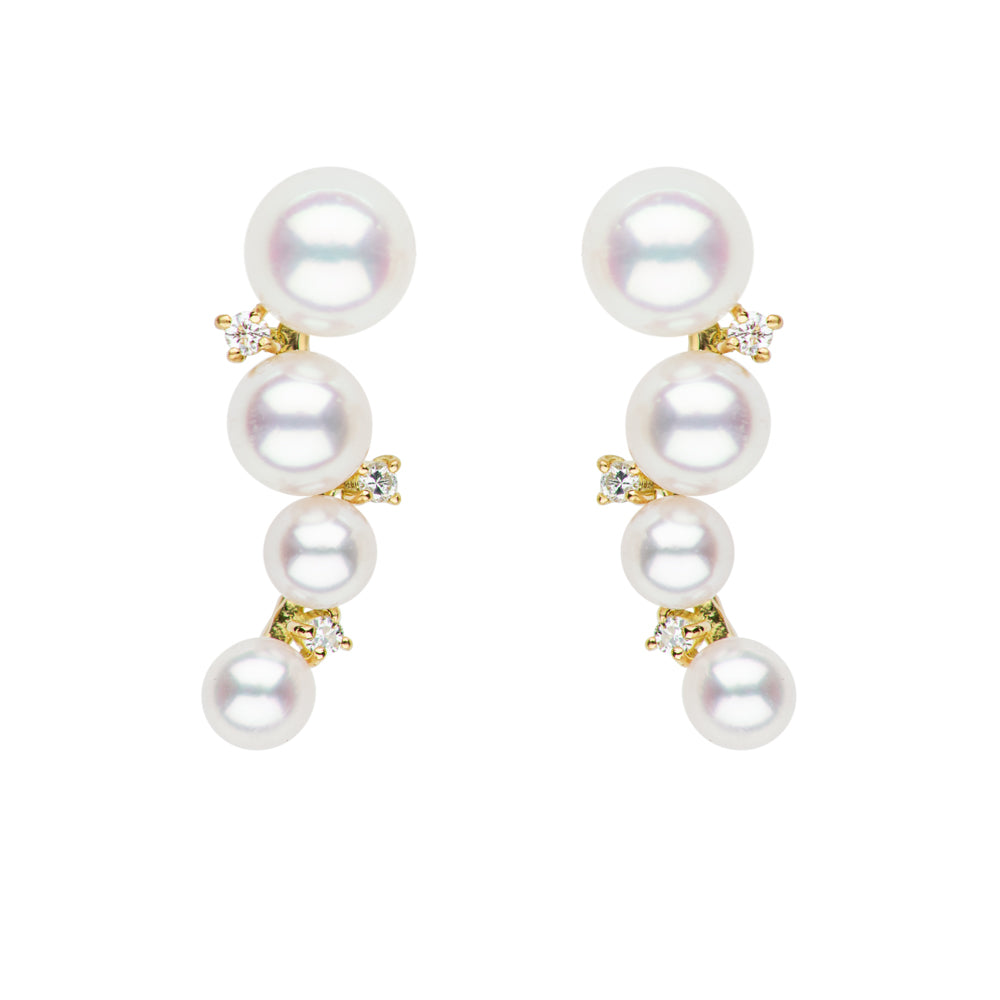  Ear Climbers with Akoya Pearls and Diamond Accents. These chic earrings feature four Akoya pearls per ear, graduating in size for a cool and stylish look. Accented with sparkling diamonds, each climber is crafted in your choice of yellow or white gold. 