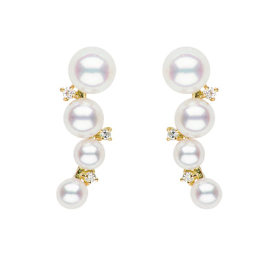  Ear Climbers with Akoya Pearls and Diamond Accents. These chic earrings feature four Akoya pearls per ear, graduating in size for a cool and stylish look. Accented with sparkling diamonds, each climber is crafted in your choice of yellow or white gold. 