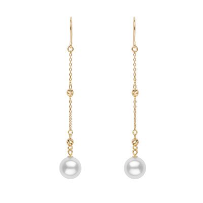 Petite Sparkle Chain Akoya Earrings with 18K yellow gold chain with faceted gold accents.