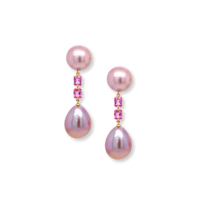 Kasumiga pearl earrings with emerald-shaped Pink Saphire elements
