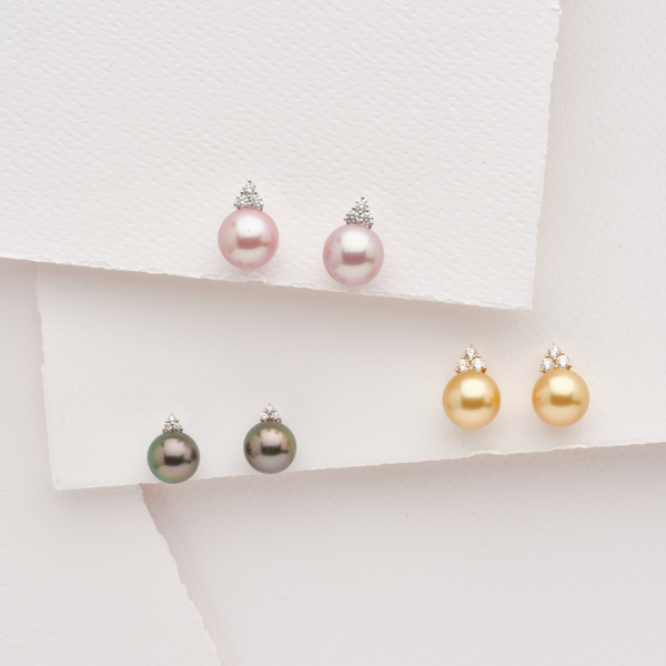 Tri-Diamond & Pearl Stud Earrings