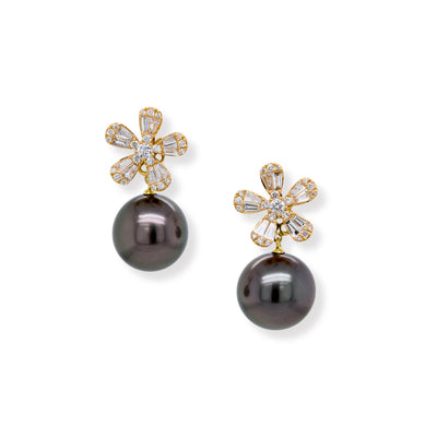 Tahitian pearl earrings with large five-petal diamond flower tops